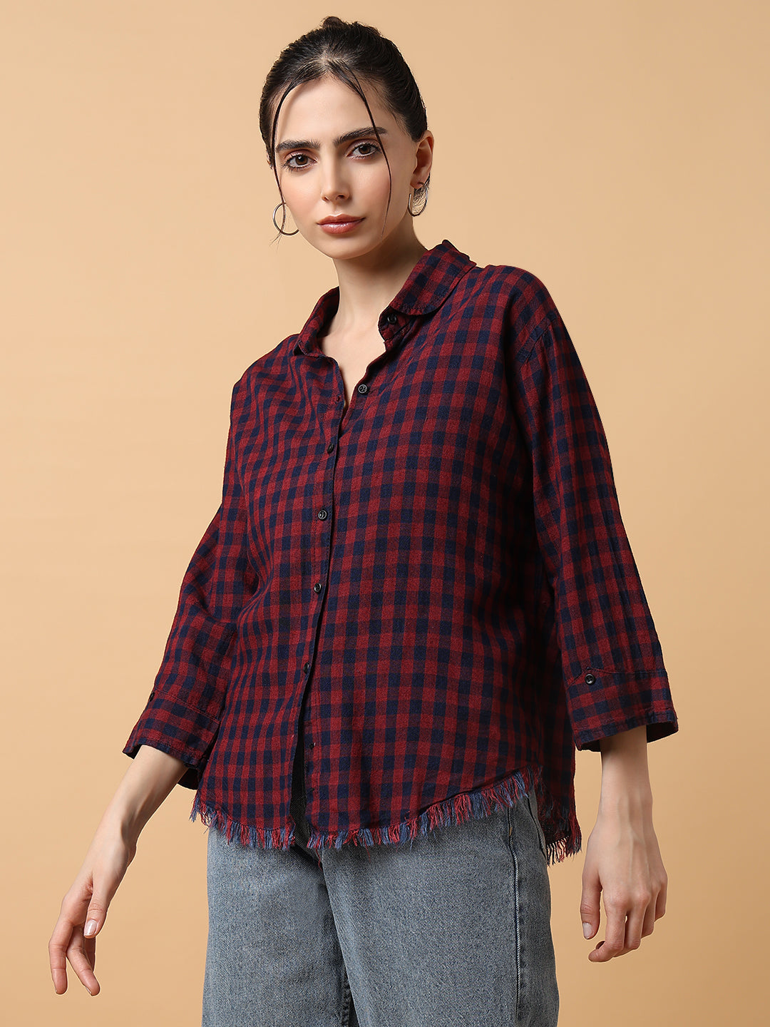 Women Checked Red Slim Fit Shirt