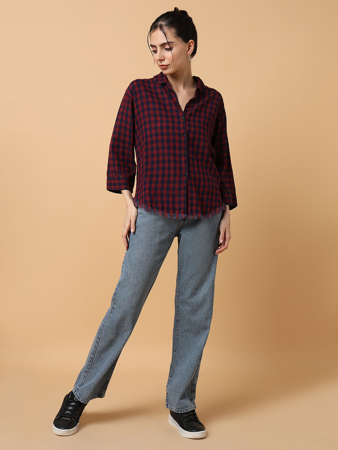 Women Checked Red Slim Fit Shirt