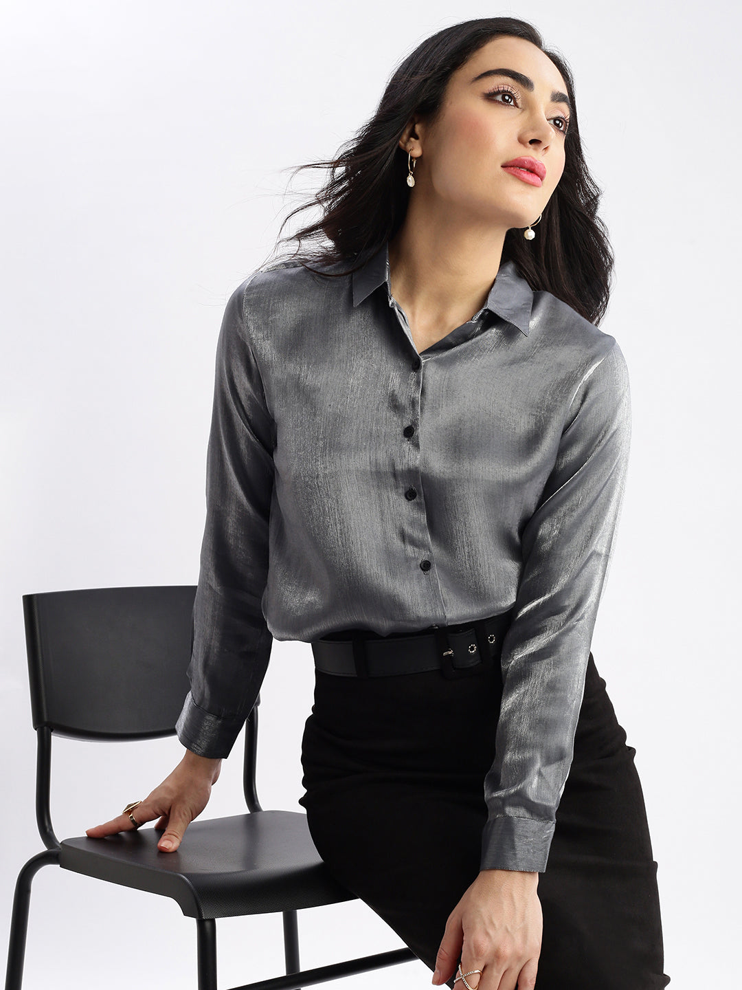 Women Solid Grey Slim Fit Shirt