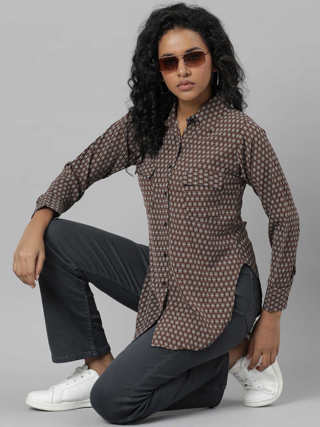 Women Brown Micro Ditsy Shirt