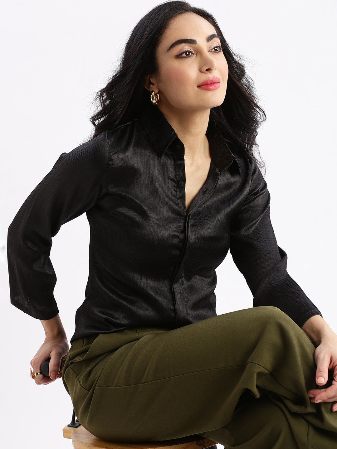 Women Solid Black Slim Fit Shirt