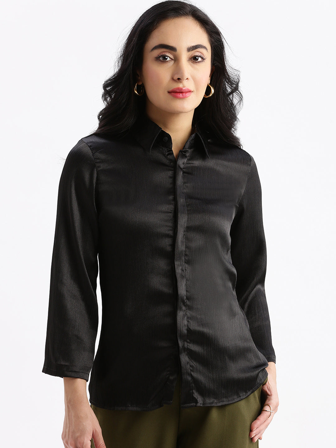 Women Solid Black Slim Fit Shirt