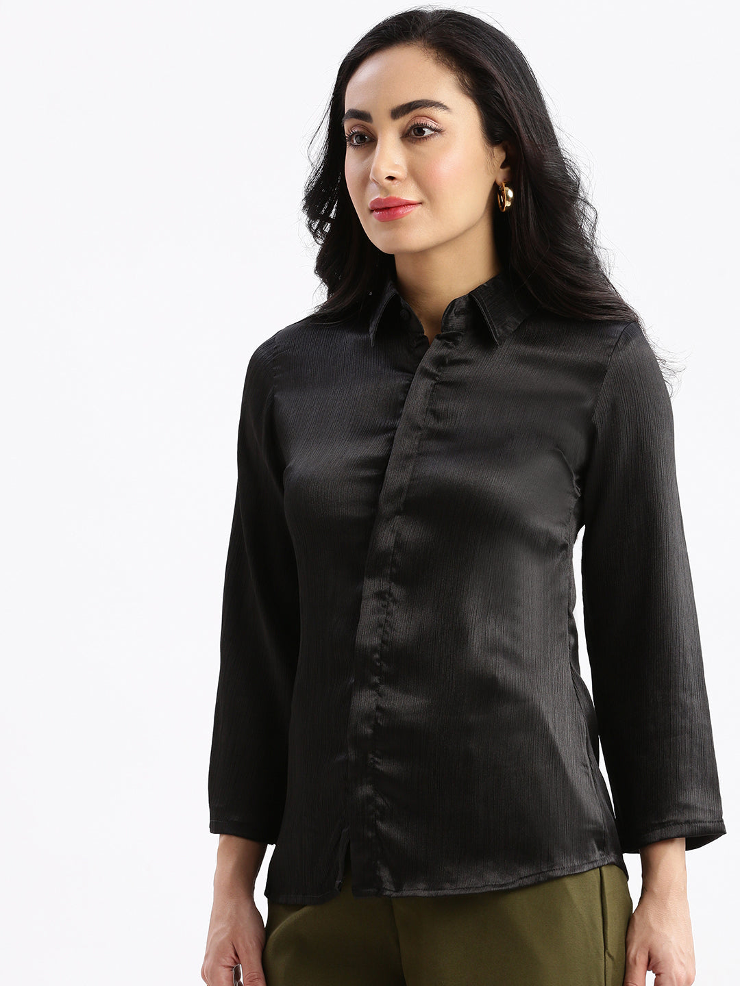 Women Solid Black Slim Fit Shirt