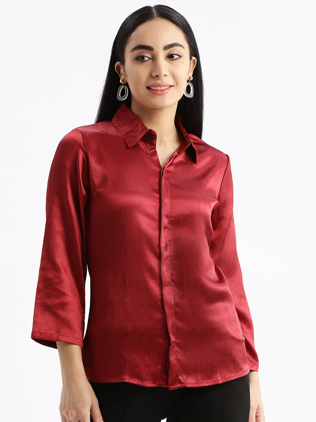 Women Solid Maroon Slim Fit Shirt