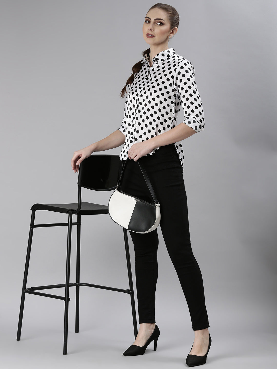 Women White Polka Dots Shirt