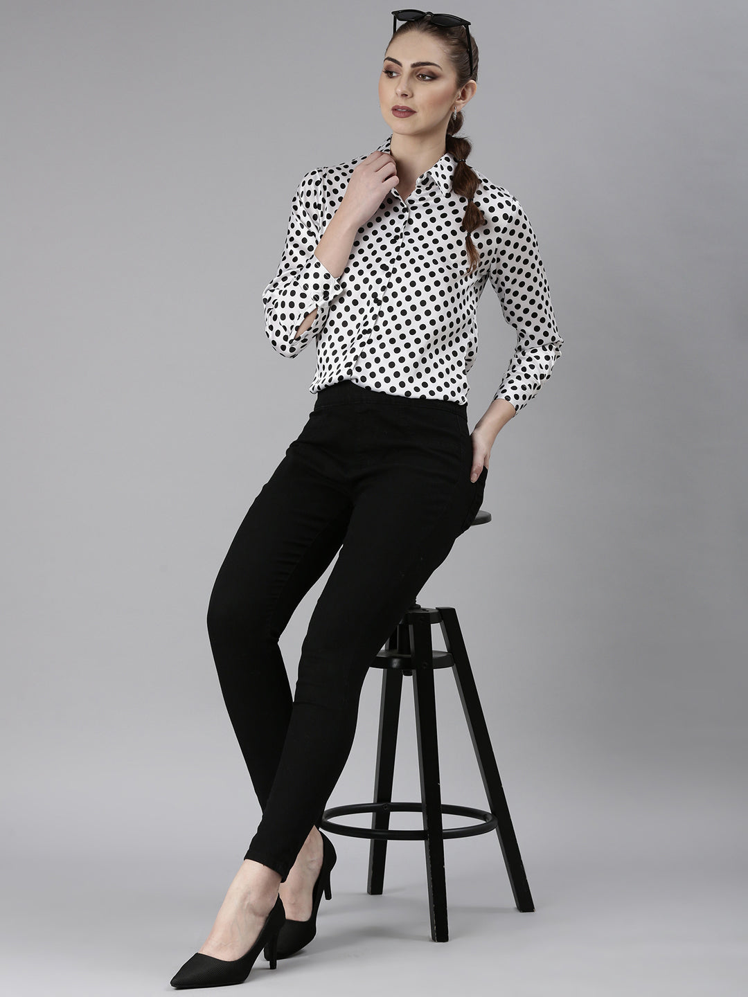 Women White Polka Dots Shirt