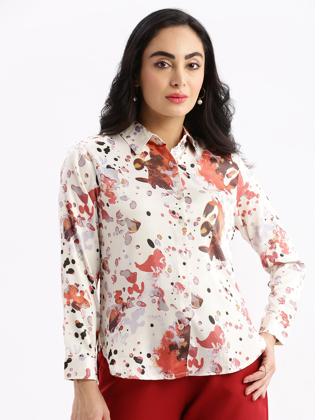 Women Abstract Cream Slim Fit Shirt