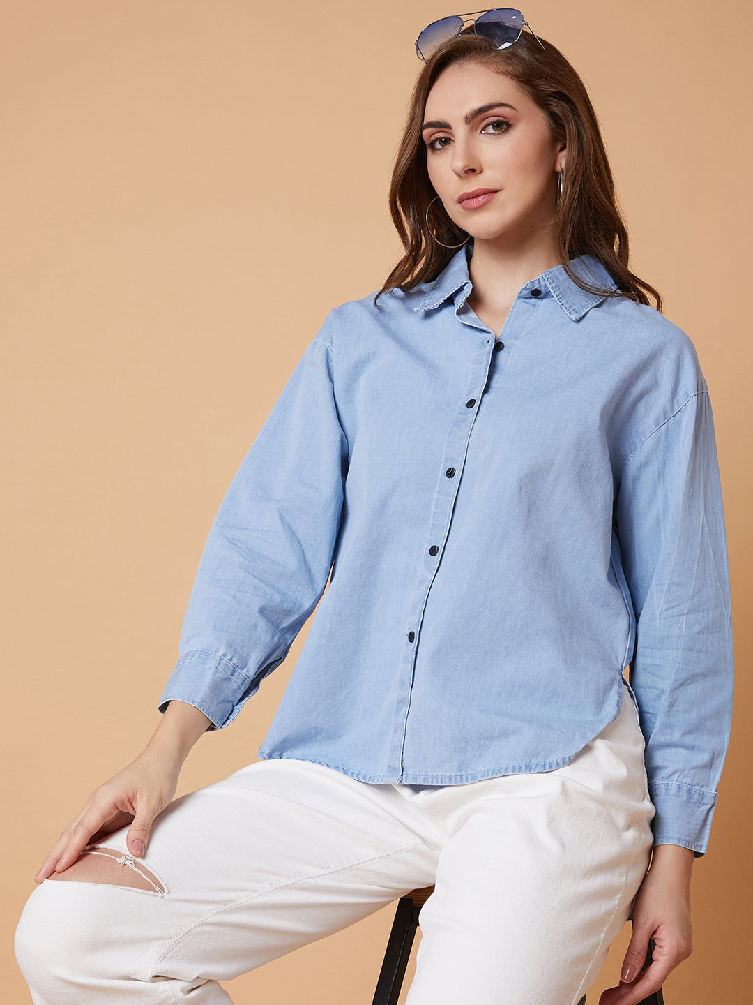 Women Solid Blue Oversized Slim Fit Shirt