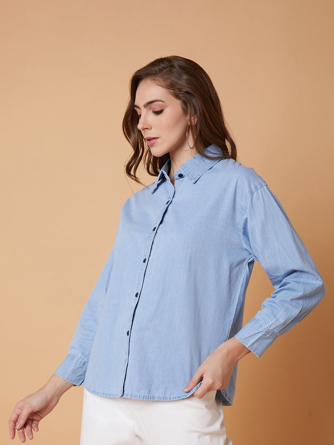 Women Solid Blue Oversized Slim Fit Shirt