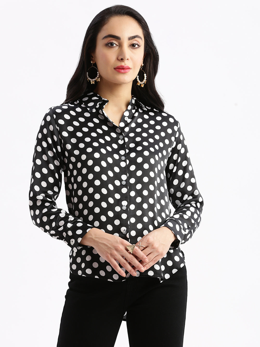 Women Polka Dots Black Slim Fit Shirt