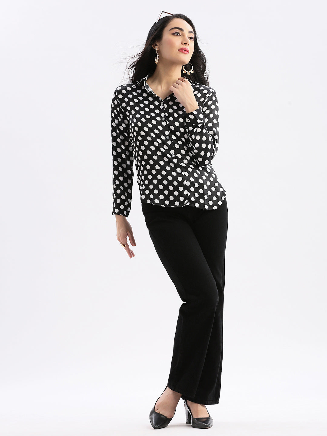 Women Polka Dots Black Slim Fit Shirt