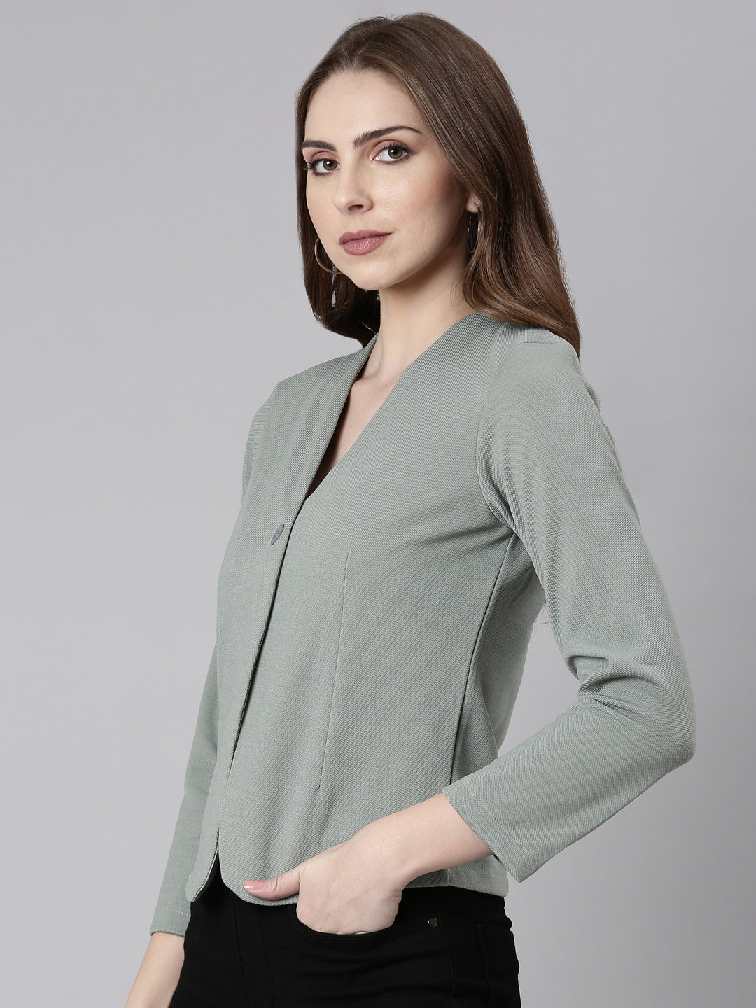 Women's Sea Green Solid Single Breasted Blazer