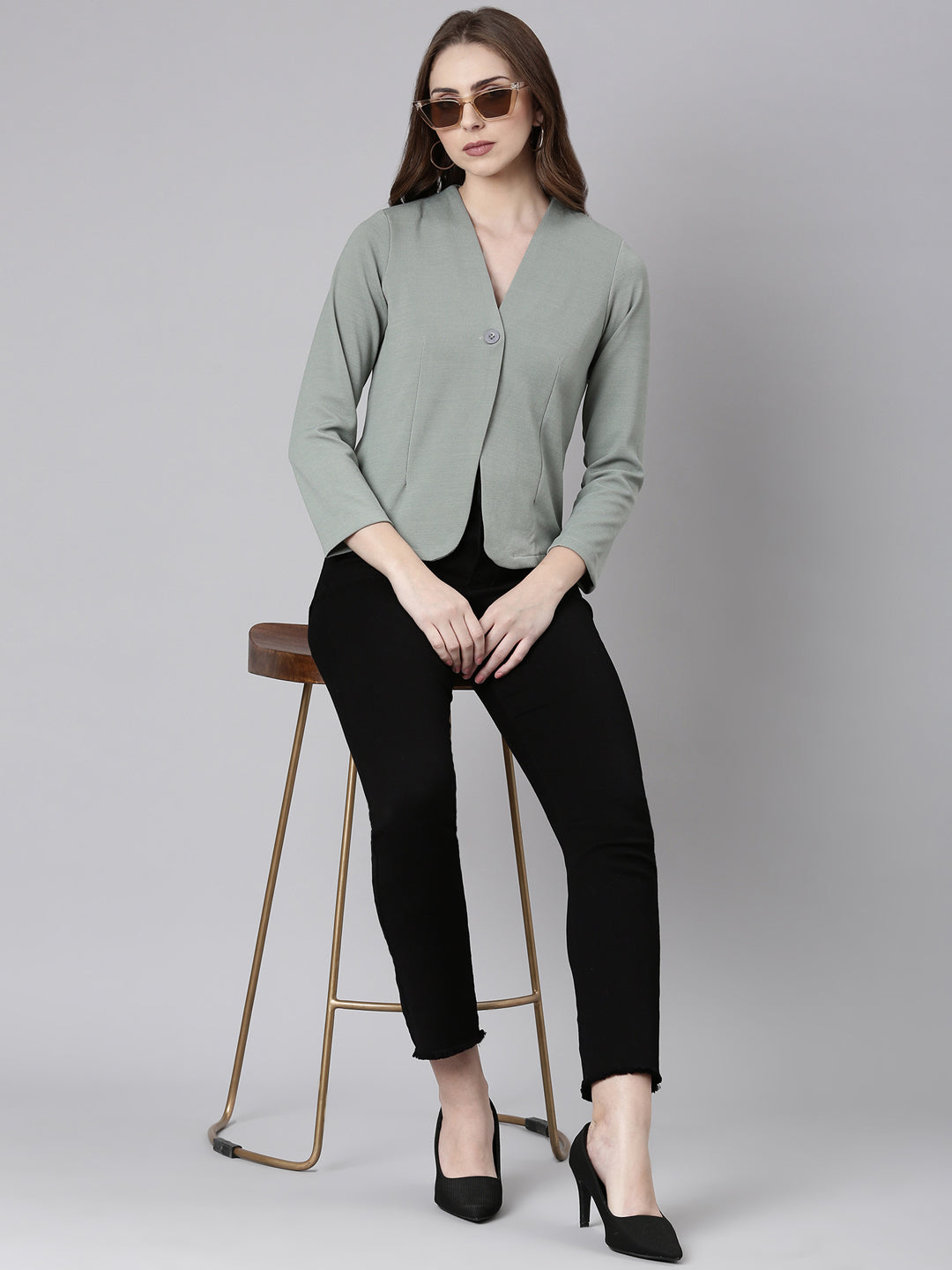 Women's Sea Green Solid Single Breasted Blazer