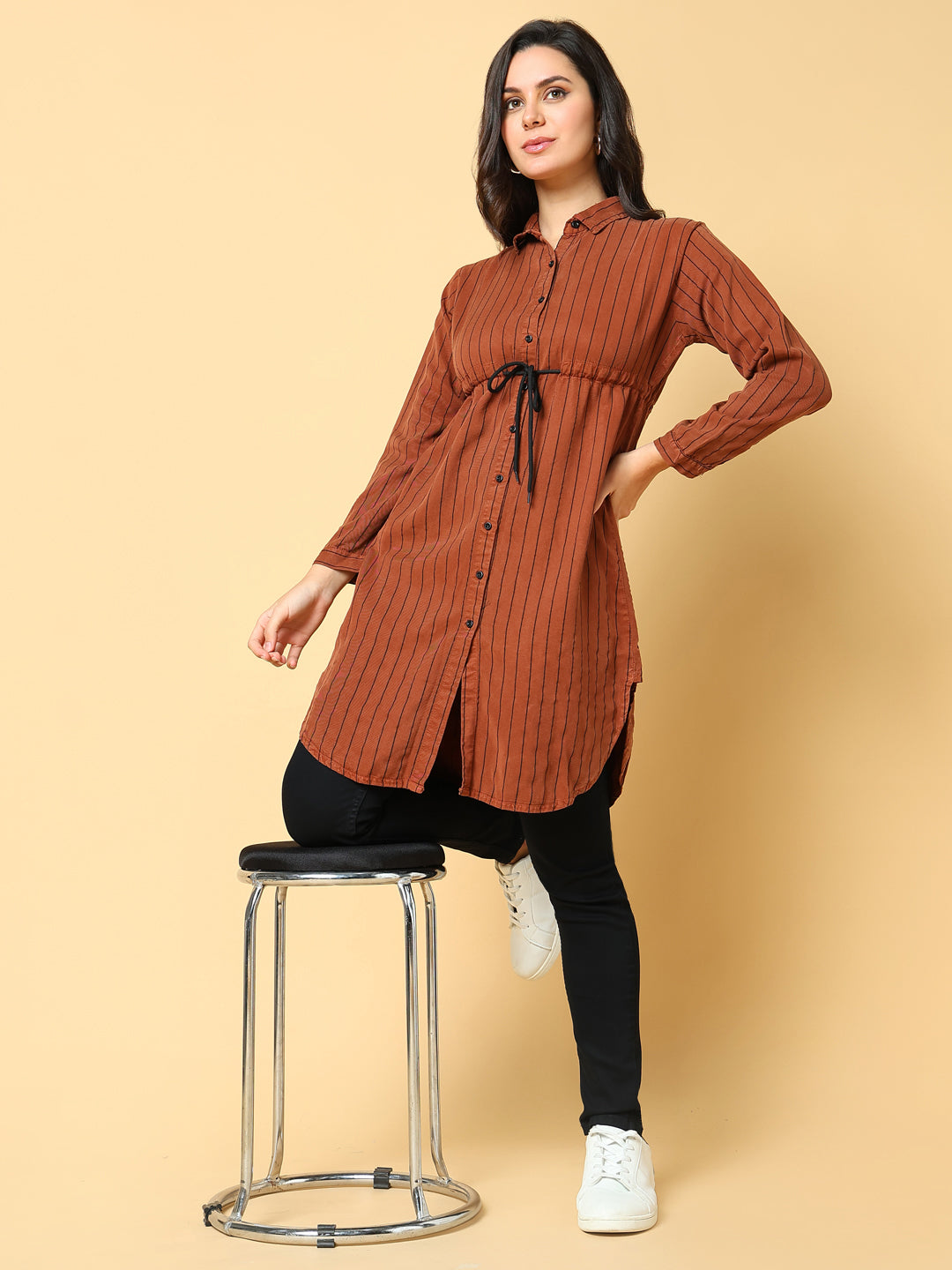 Women's Brown Striped Shirt Style Longline Top