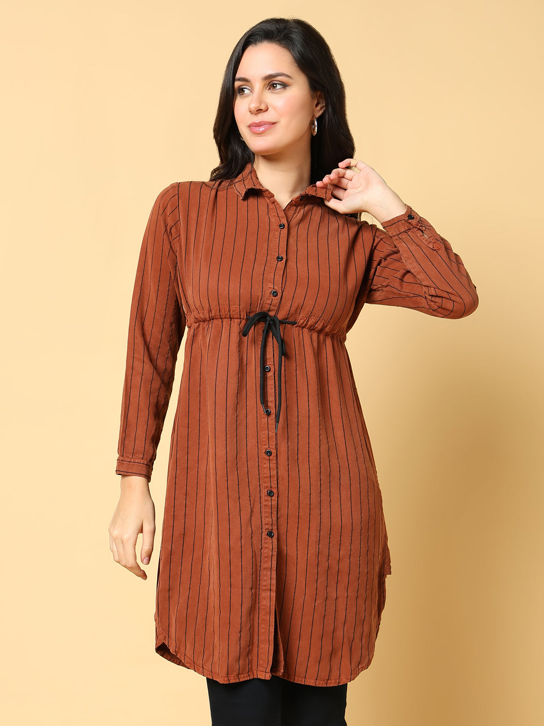 Women's Brown Striped Shirt Style Longline Top