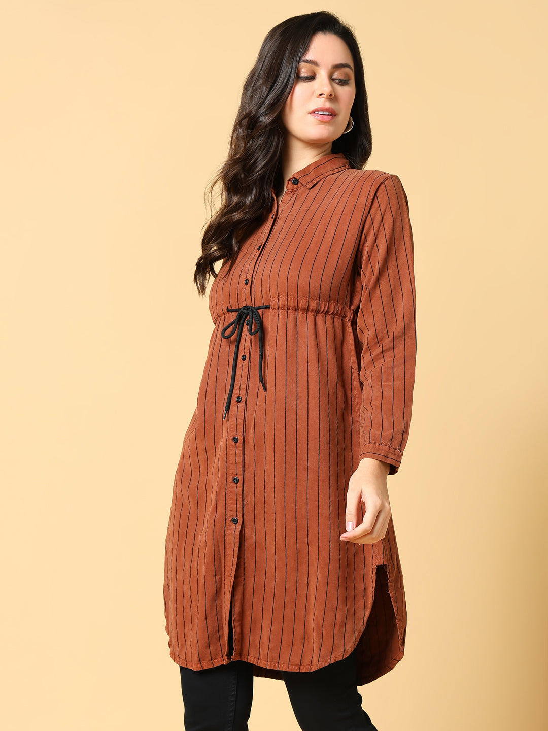 Women's Brown Striped Shirt Style Longline Top