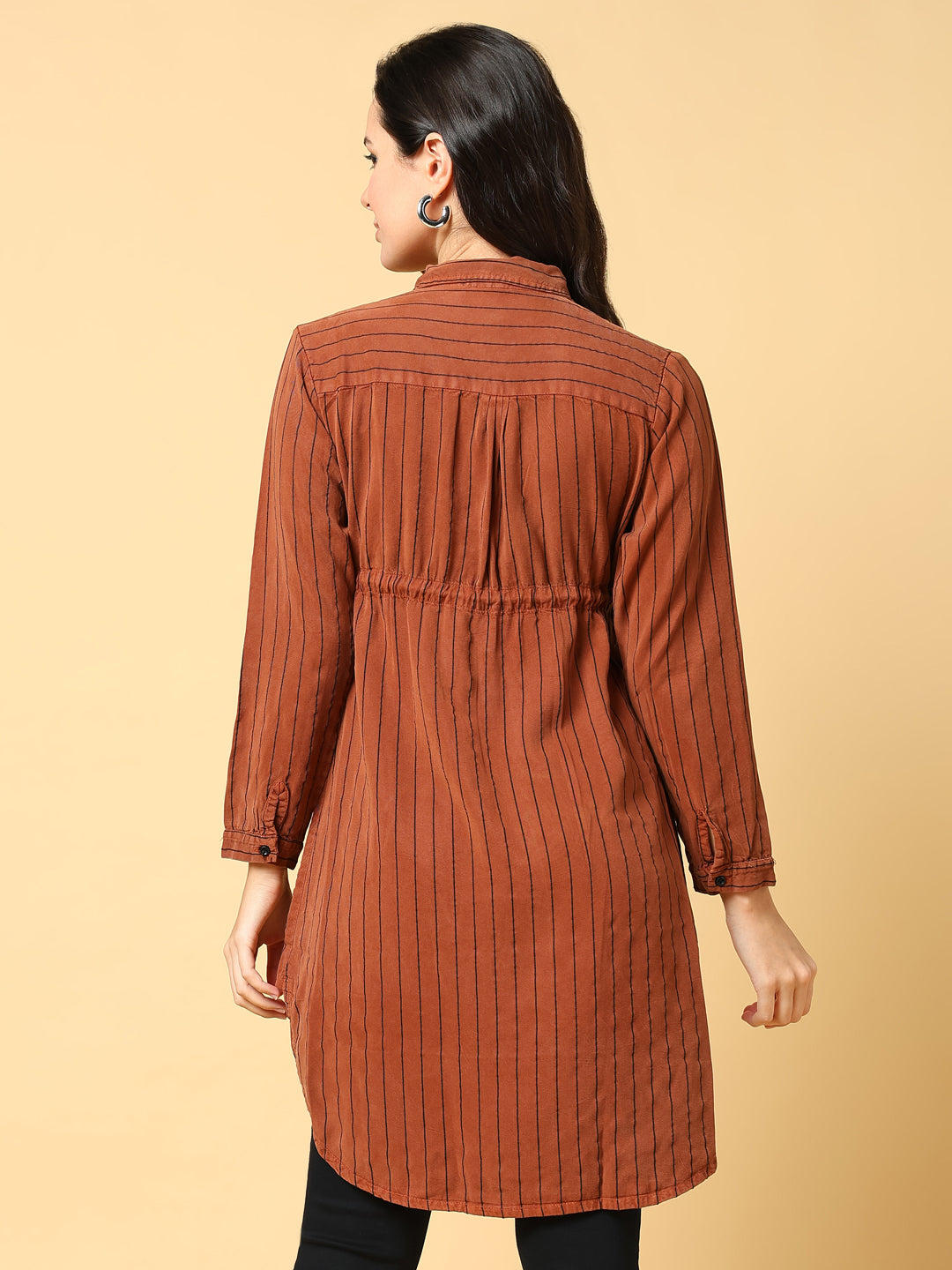 Women's Brown Striped Shirt Style Longline Top