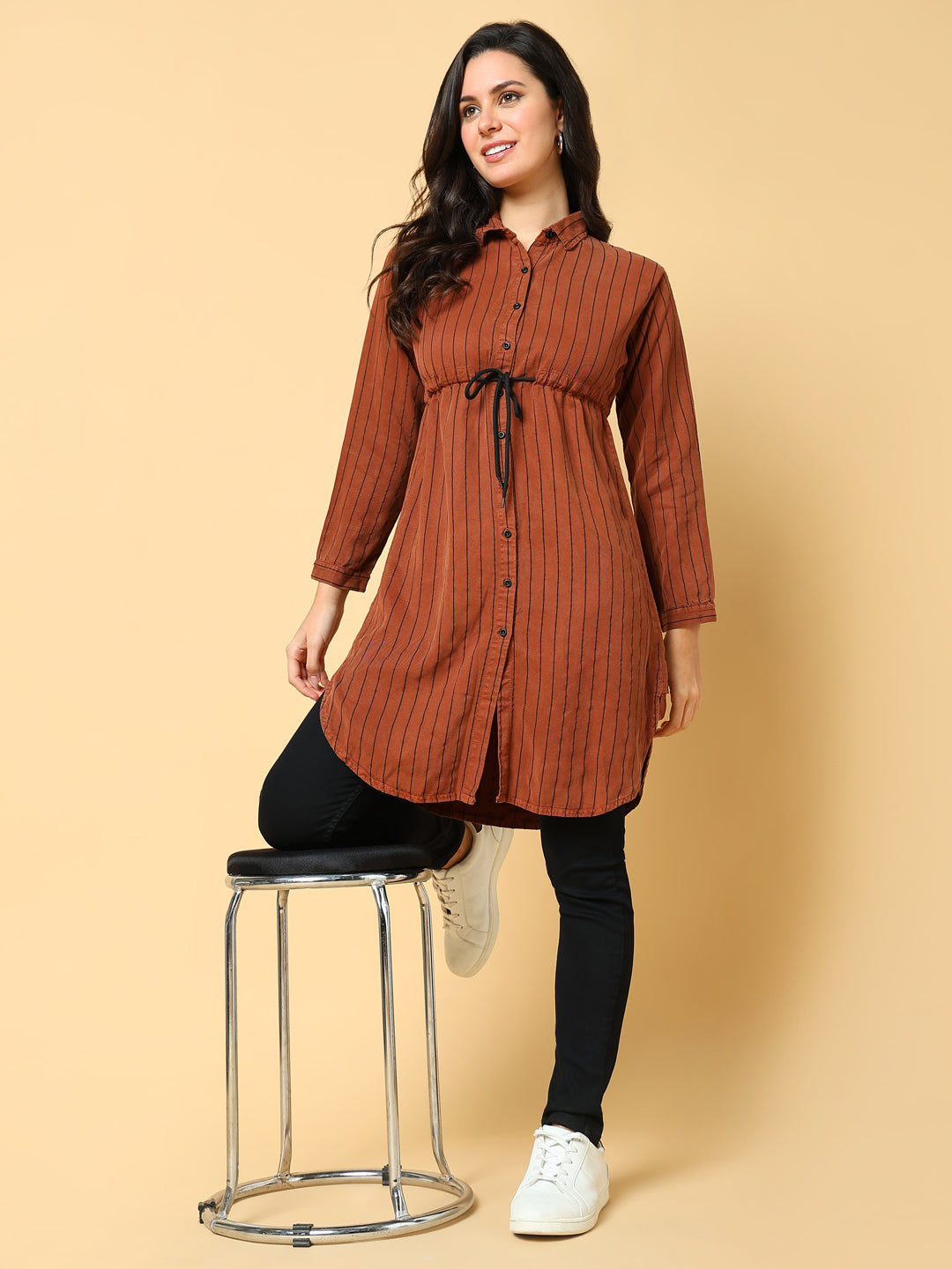 Women's Brown Striped Shirt Style Longline Top