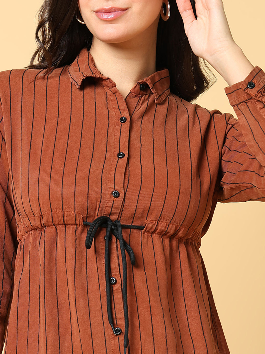 Women's Brown Striped Shirt Style Longline Top