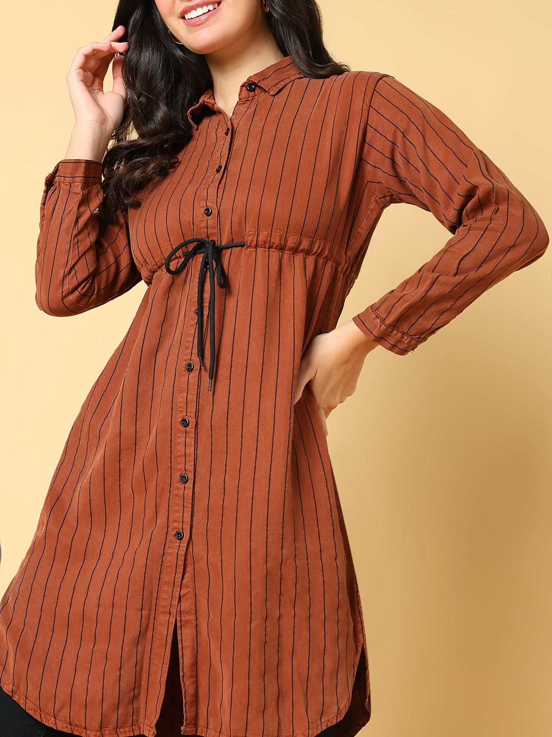 Women's Brown Striped Shirt Style Longline Top