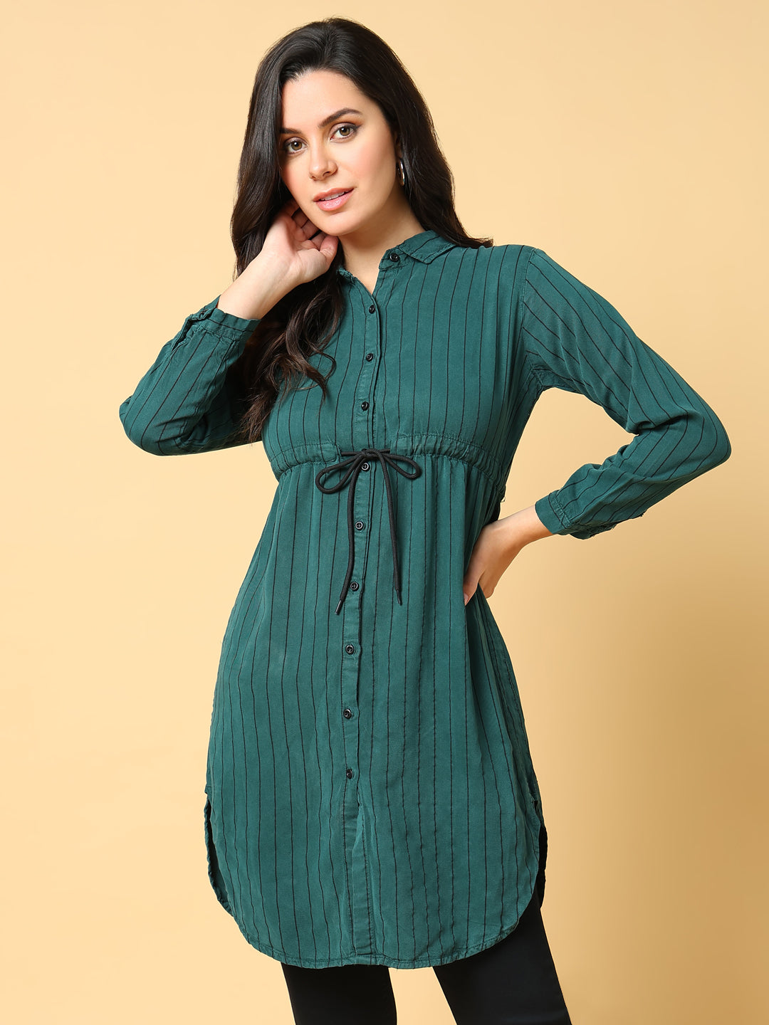 Women's Green Striped Shirt Style Longline Top