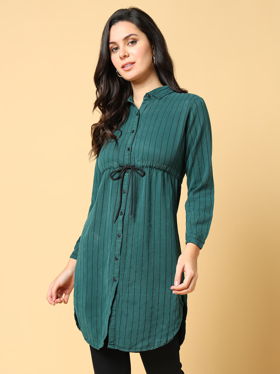 Women's Green Striped Shirt Style Longline Top