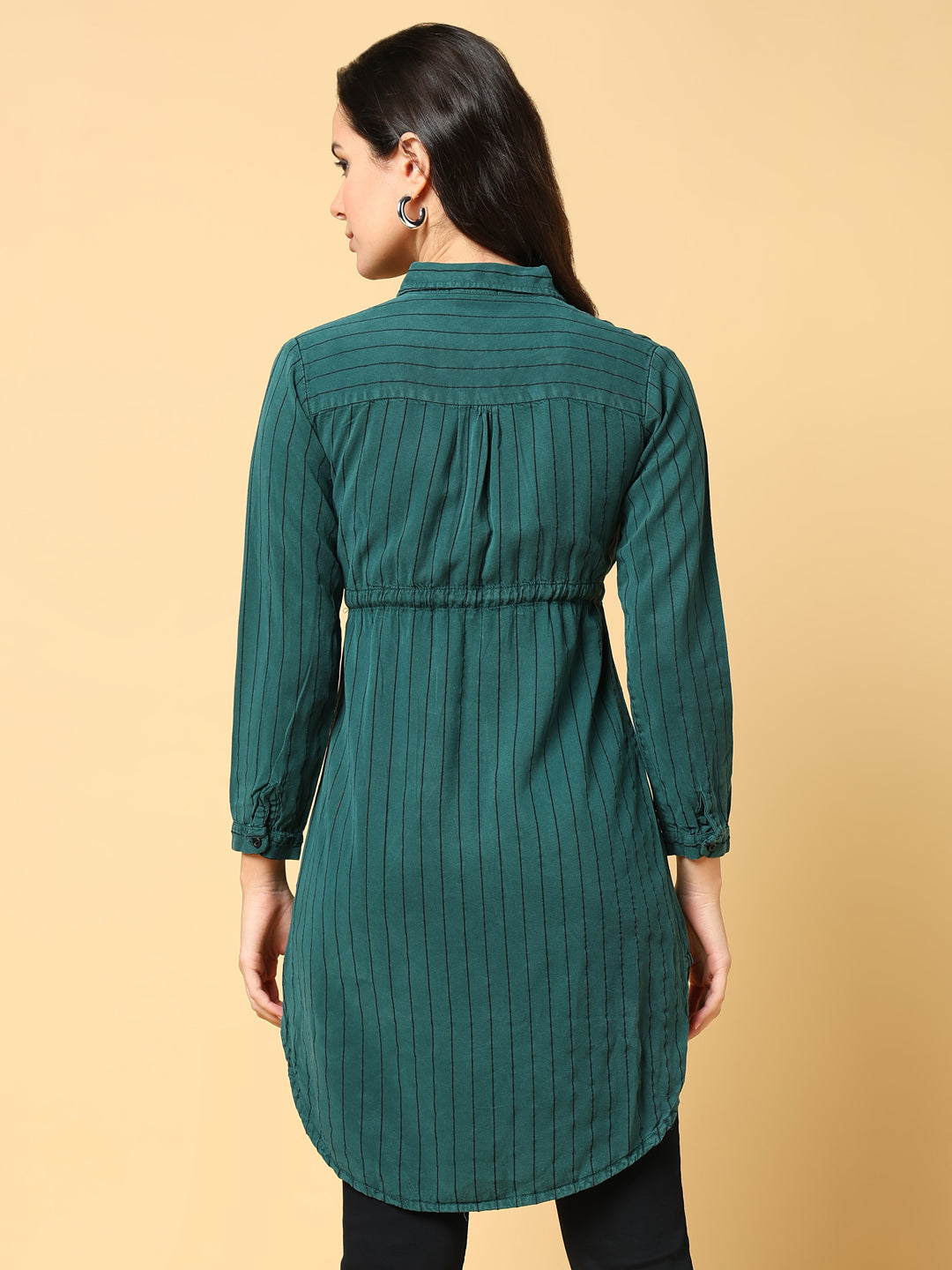 Women's Green Striped Shirt Style Longline Top