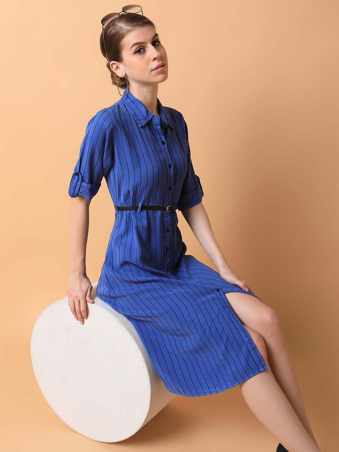 Women Striped Blue Midi A-Line Dress with Belt