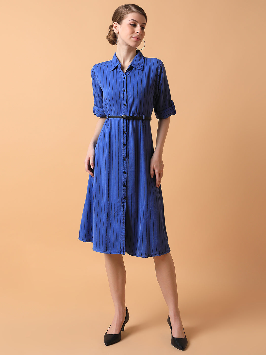 Women Striped Blue Midi A-Line Dress with Belt