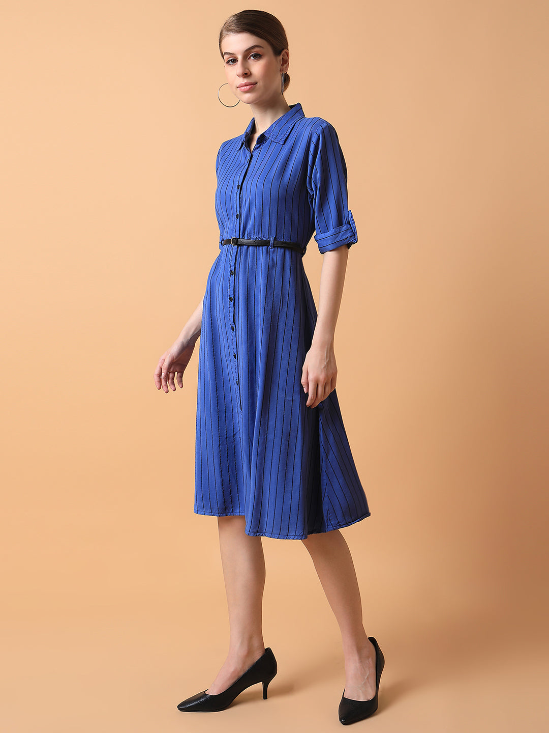 Women Striped Blue Midi A-Line Dress with Belt