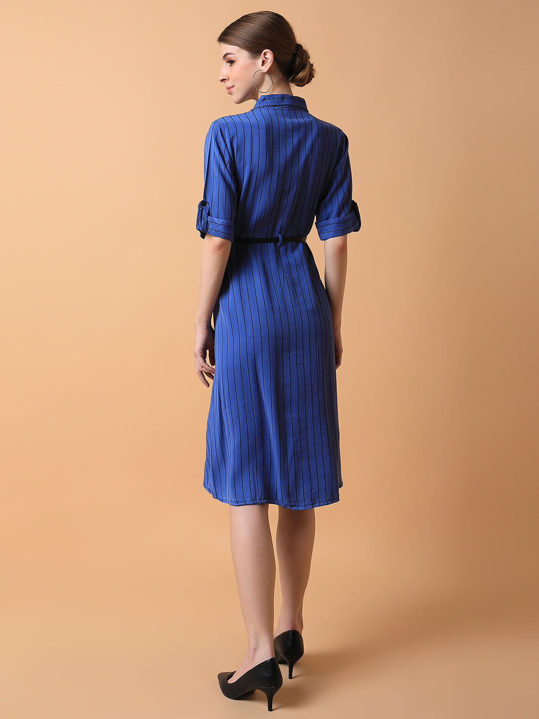 Women Striped Blue Midi A-Line Dress with Belt