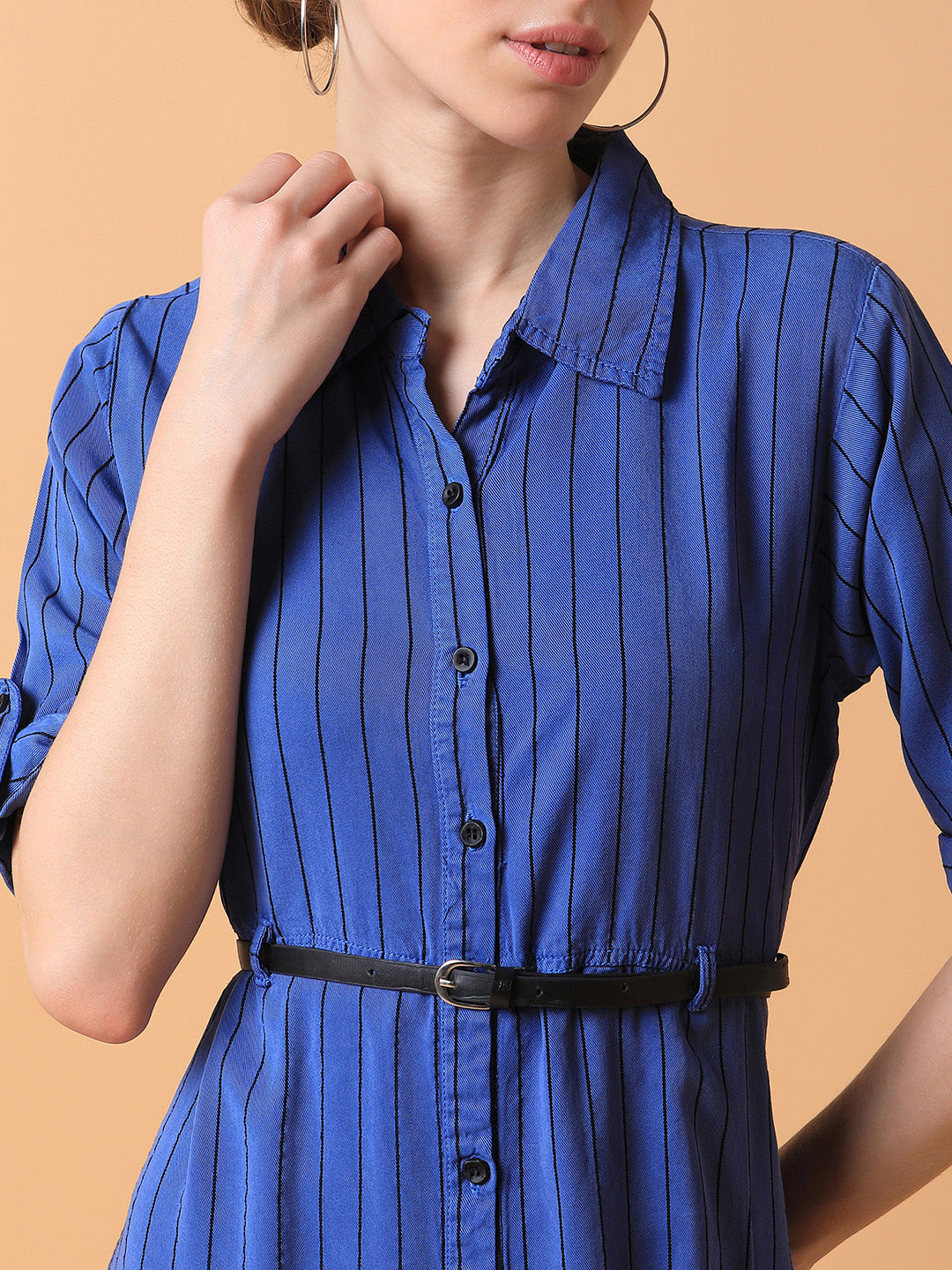 Women Striped Blue Midi A-Line Dress with Belt