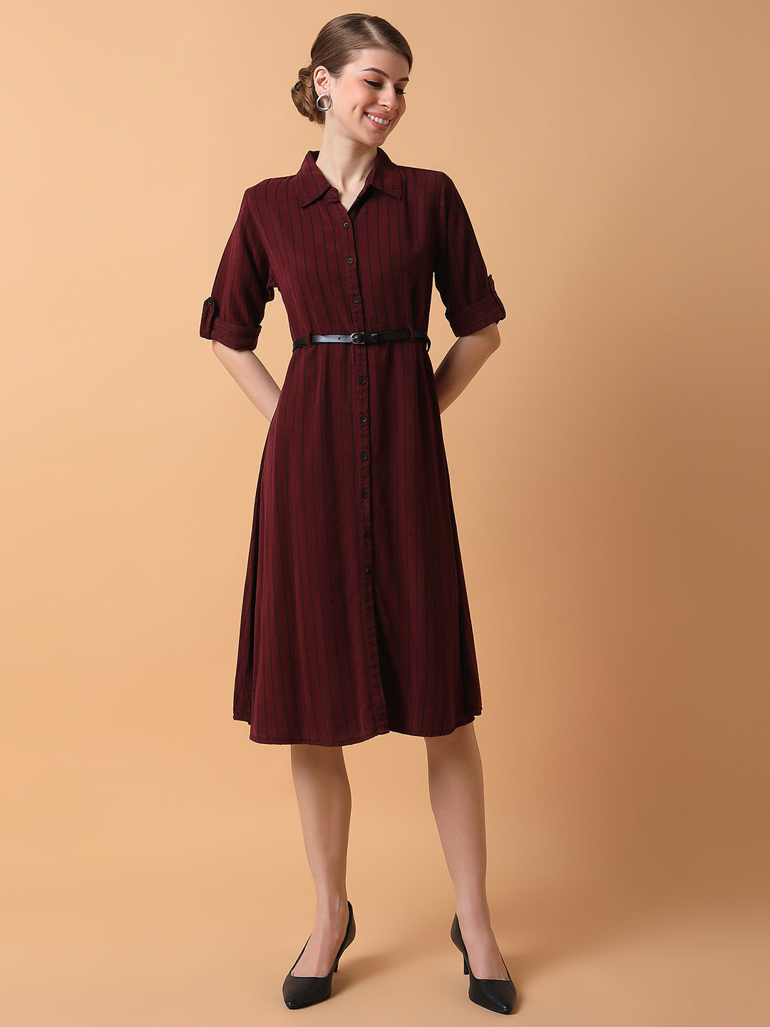 Women Striped Maroon Midi A-Line Dress with Belt