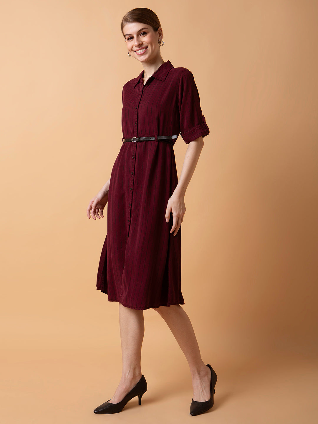 Women Striped Maroon Midi A-Line Dress with Belt