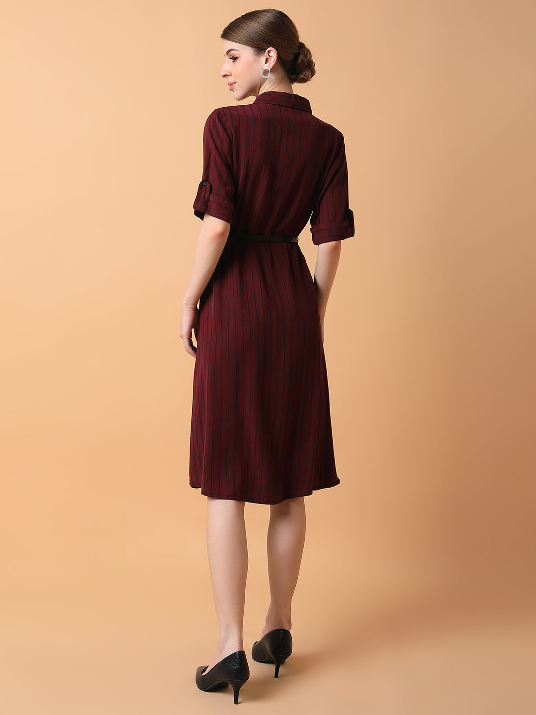 Women Striped Maroon Midi A-Line Dress with Belt