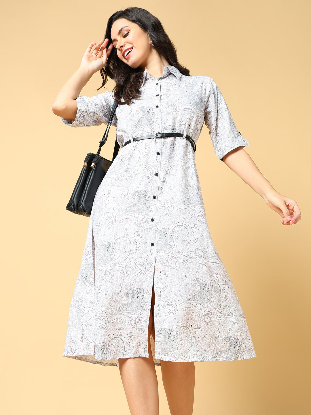 Women Printed White Shirt Dress with Belt