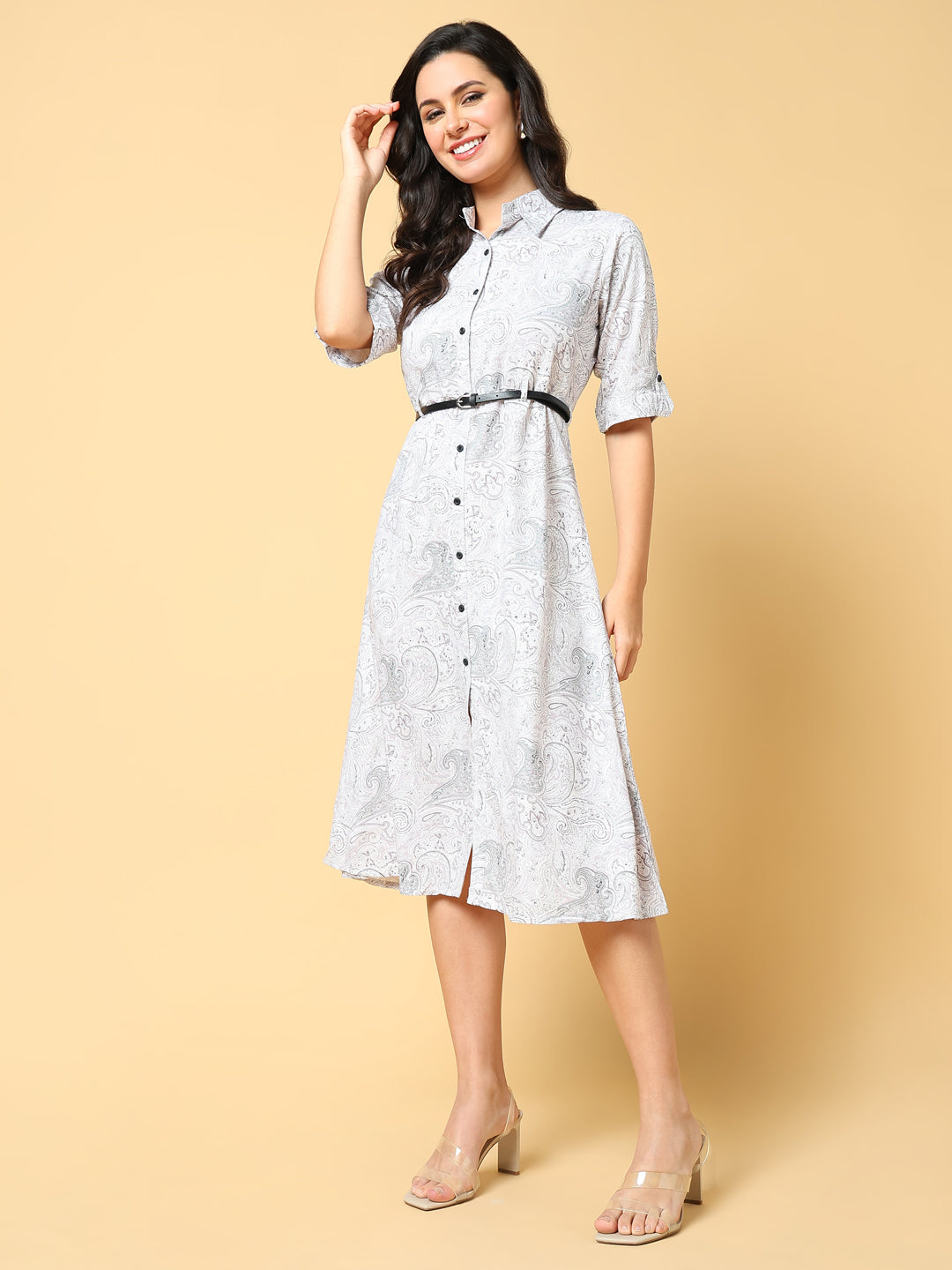 Women Printed White Shirt Dress with Belt