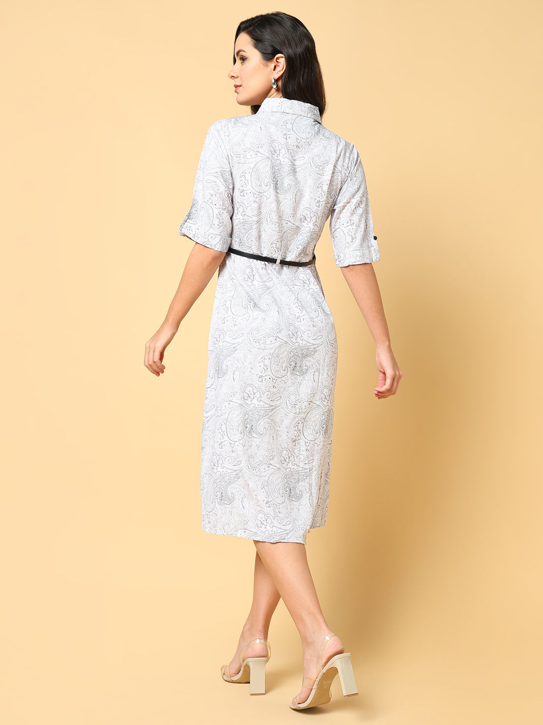 Women Printed White Shirt Dress with Belt