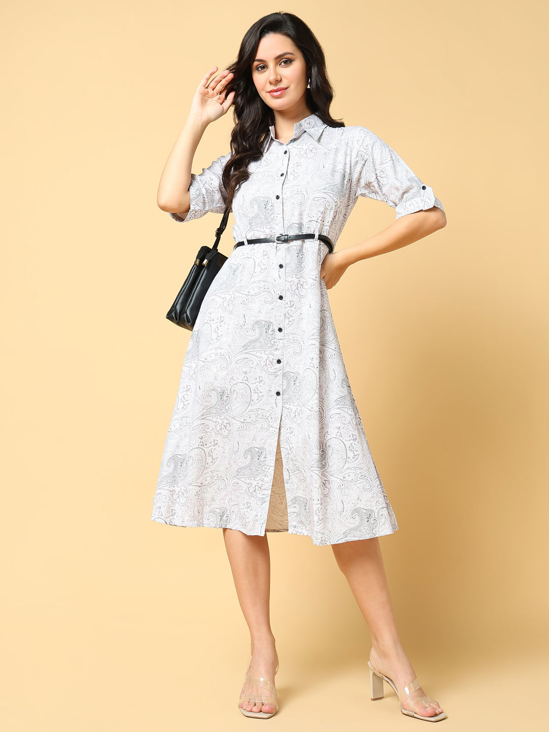 Women Printed White Shirt Dress with Belt