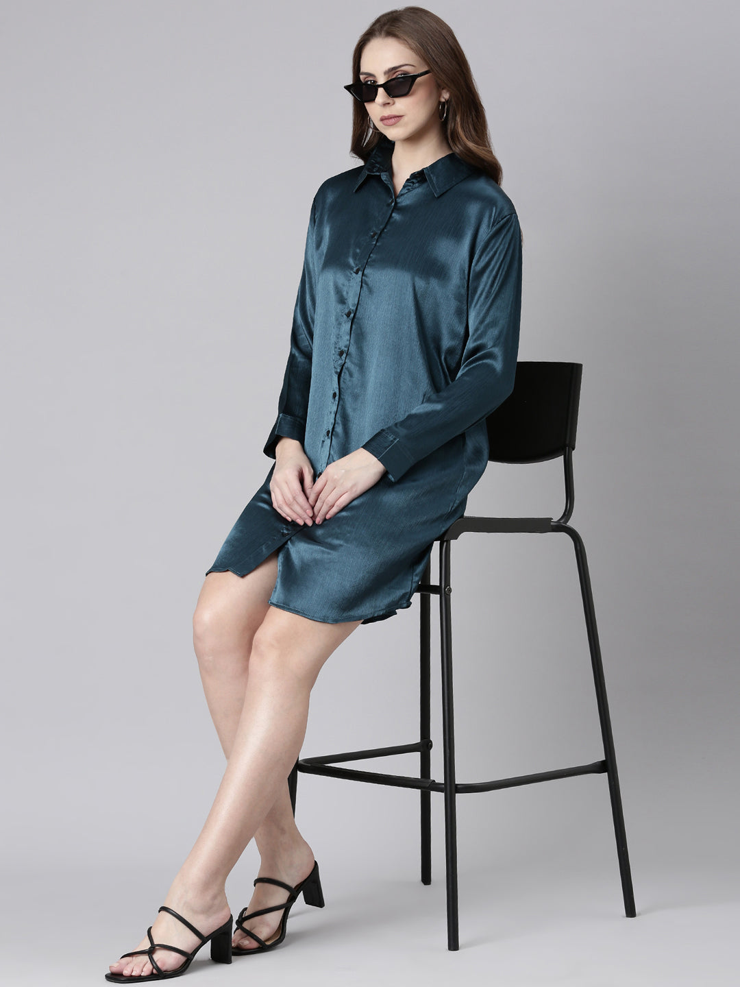 Women Teal Solid Oversized Shirt Style Dress