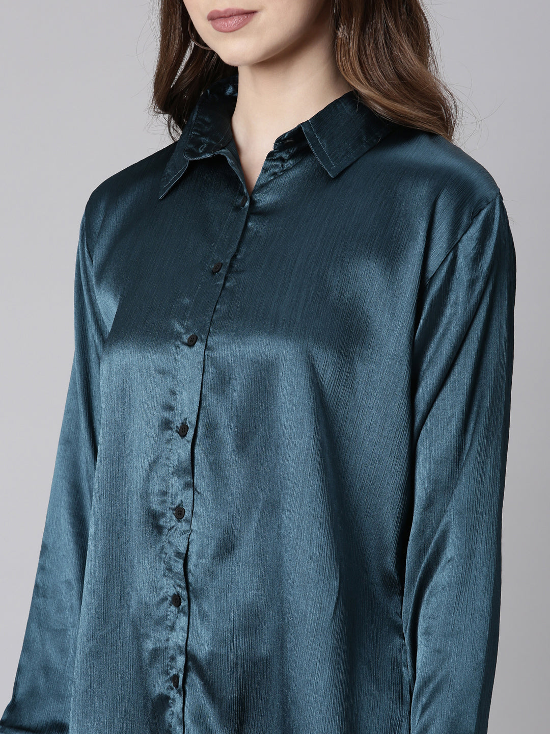 Women Teal Solid Oversized Shirt Style Dress