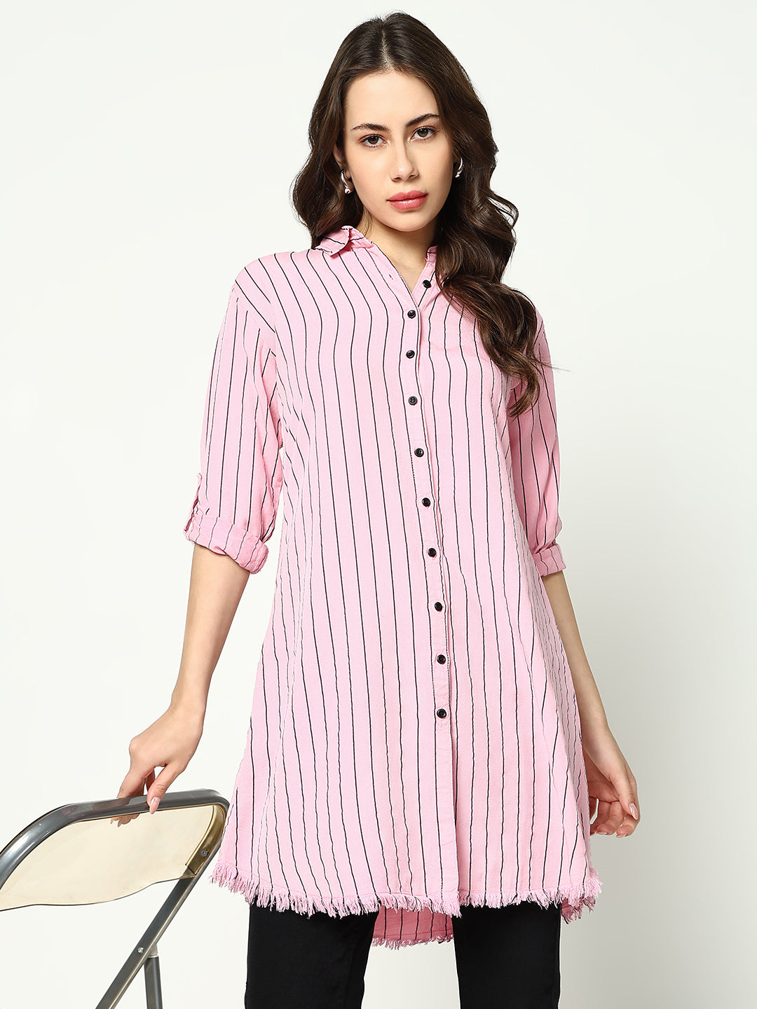 Women's Pink Striped Longline Shirt