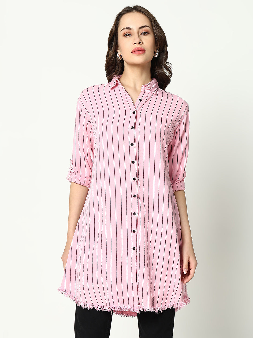 Women's Pink Striped Longline Shirt