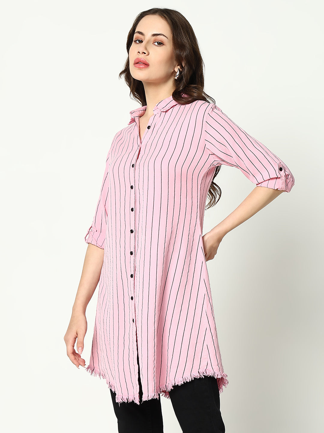 Women's Pink Striped Longline Shirt