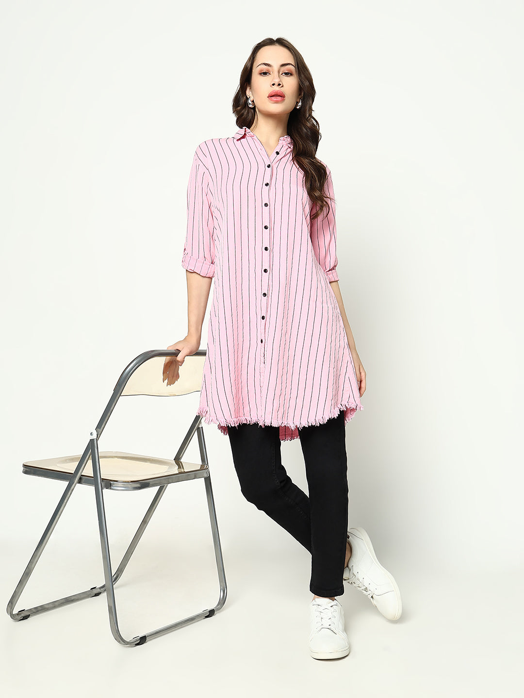 Women's Pink Striped Longline Shirt