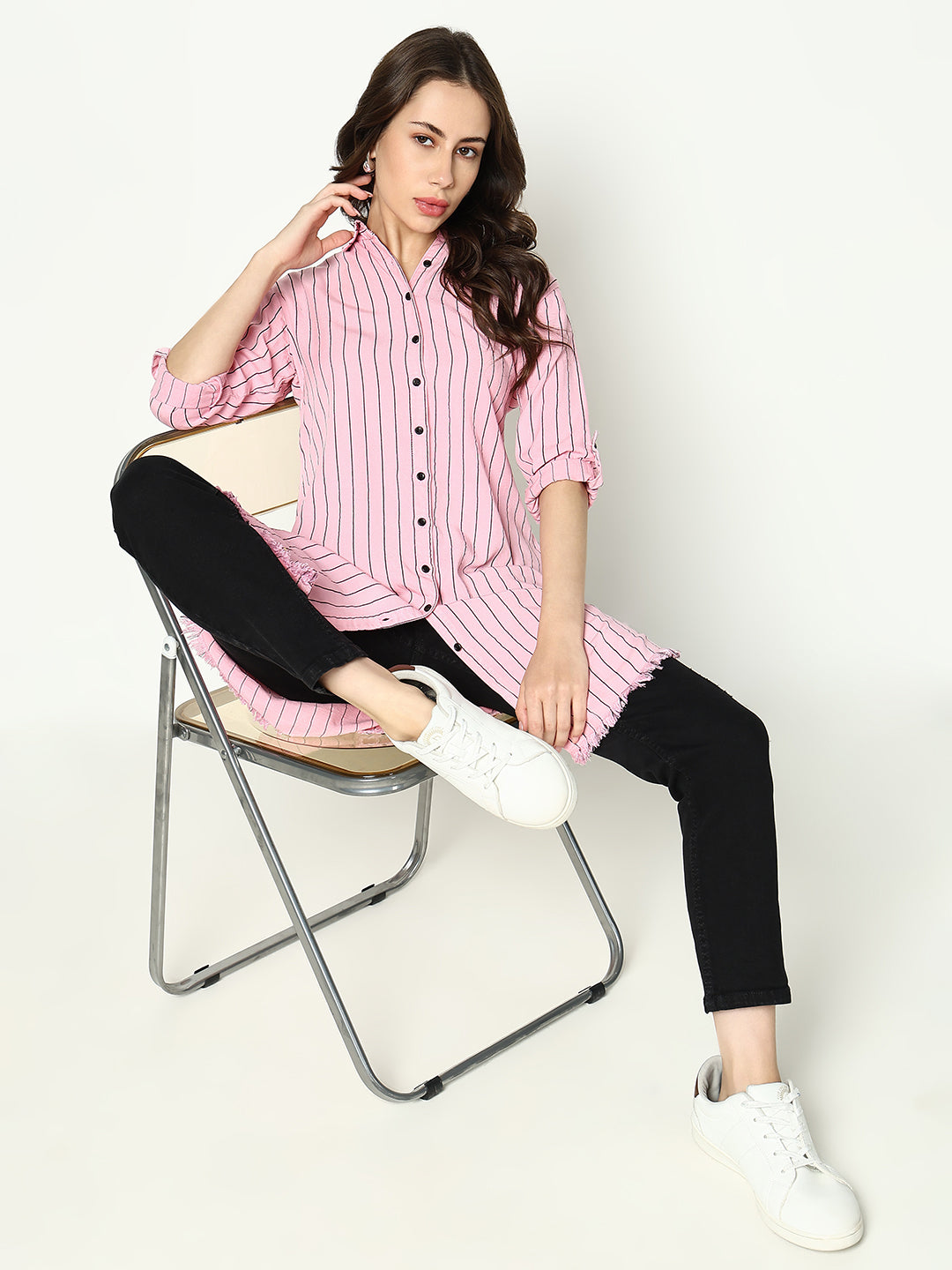 Women's Pink Striped Longline Shirt