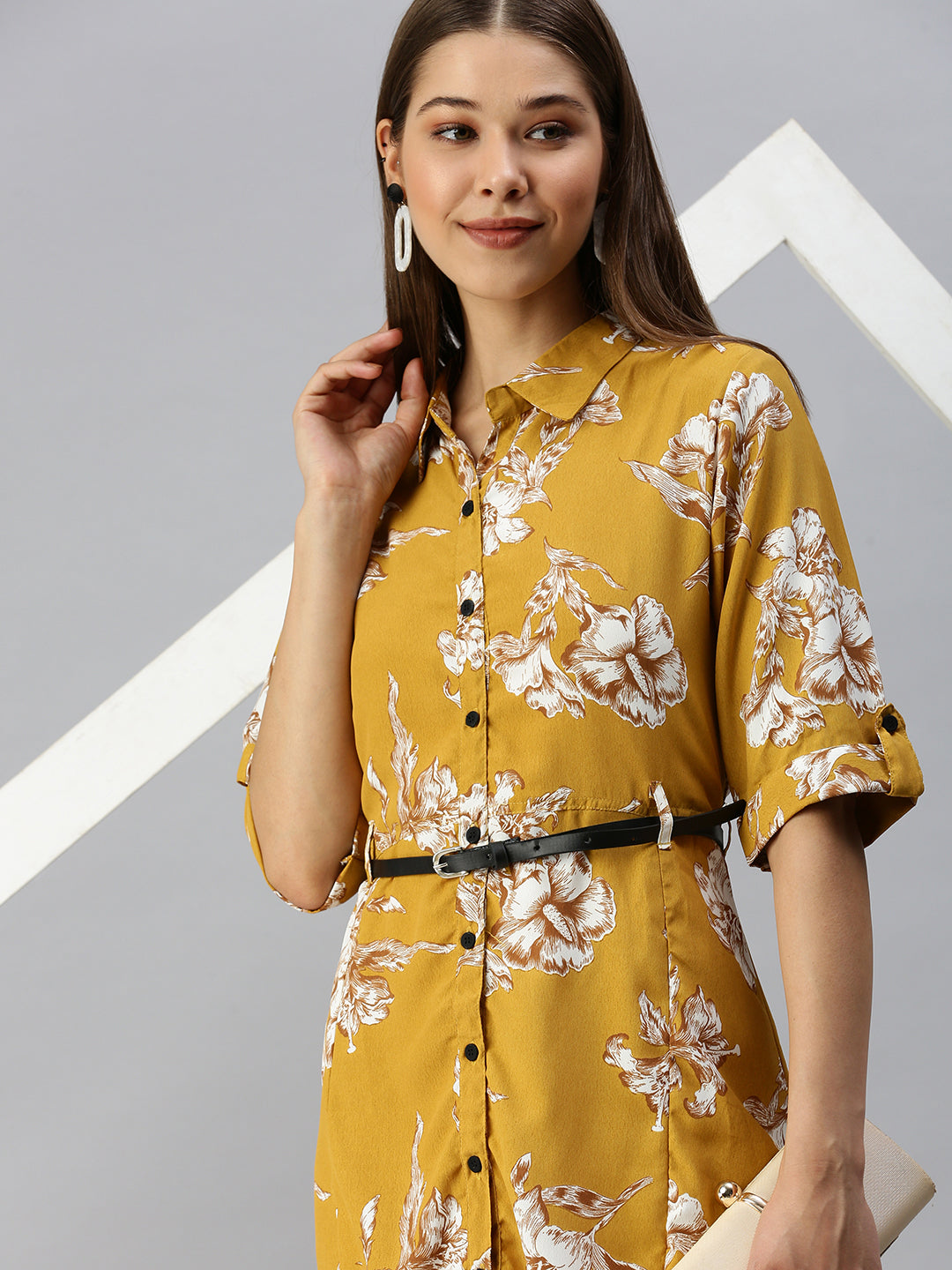 Women's Printed Fit and Flare Mustard Dress