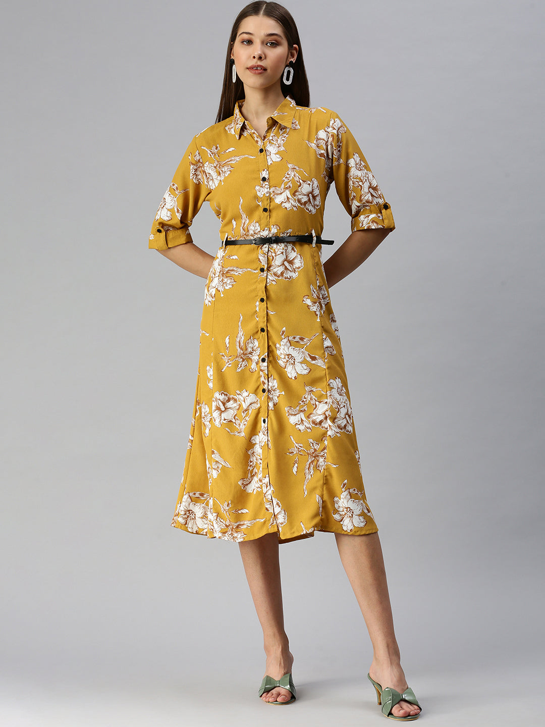 Women's Printed Fit and Flare Mustard Dress