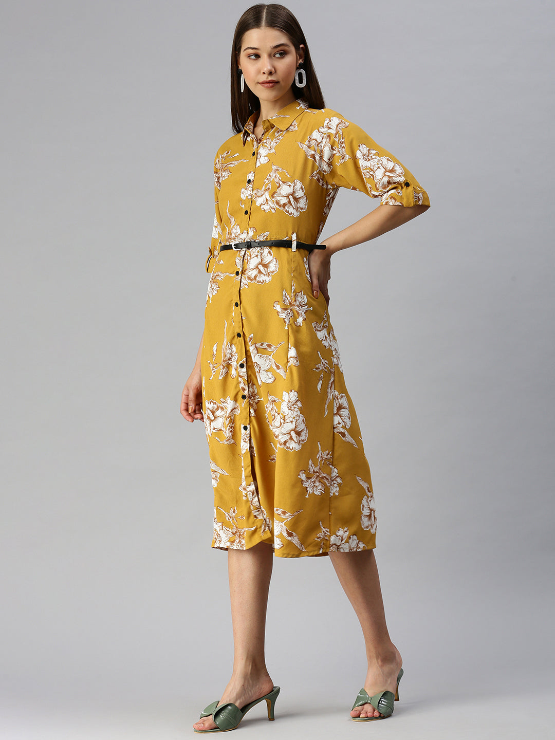 Women's Printed Fit and Flare Mustard Dress
