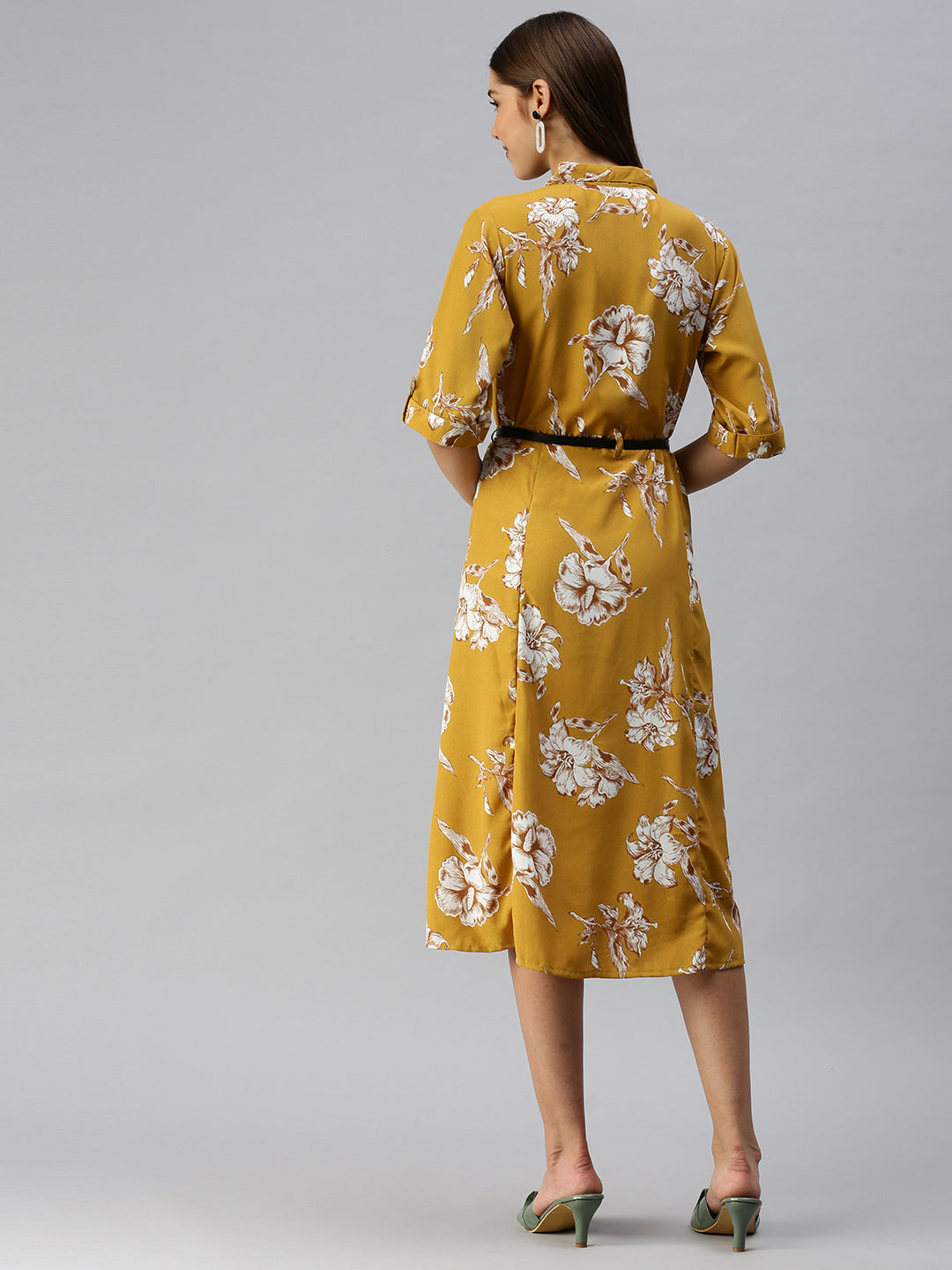 Women's Printed Fit and Flare Mustard Dress